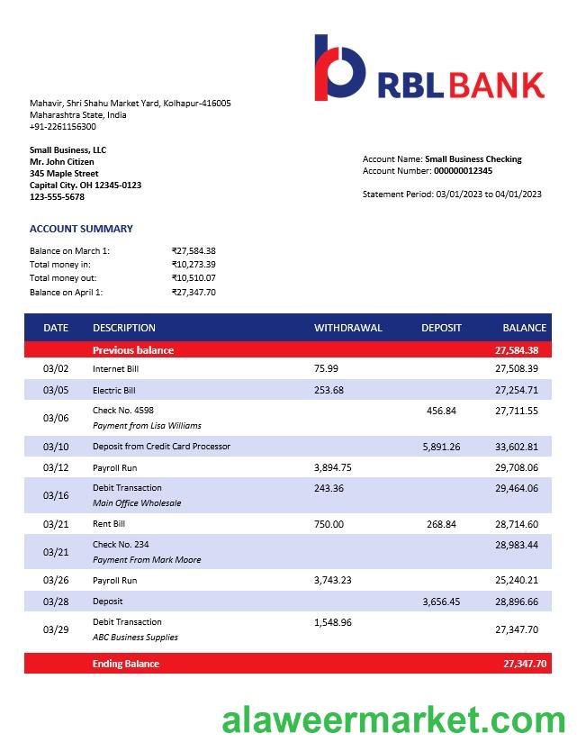 RBL Bank enterprise account statement Word and PDF template